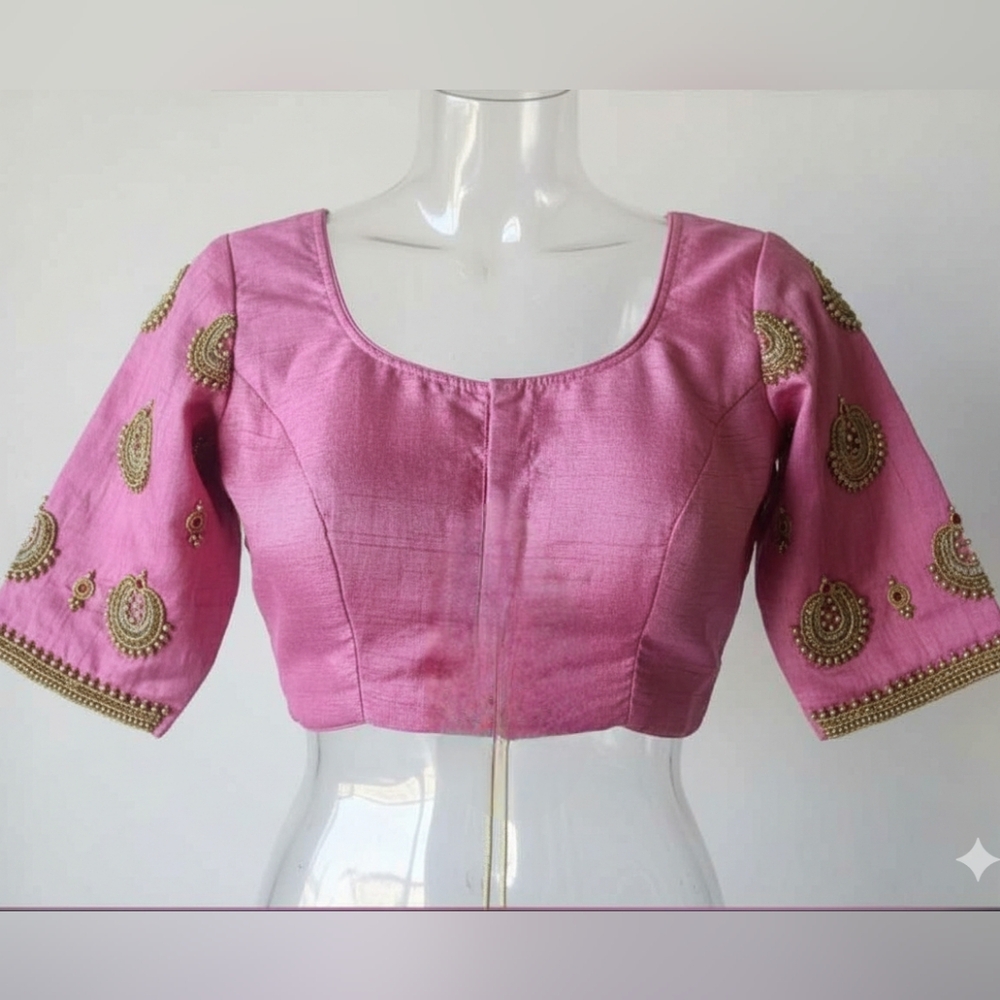 New Handmade Custom Pink Raw Silk Gold Saree Blouse with Maggam Work